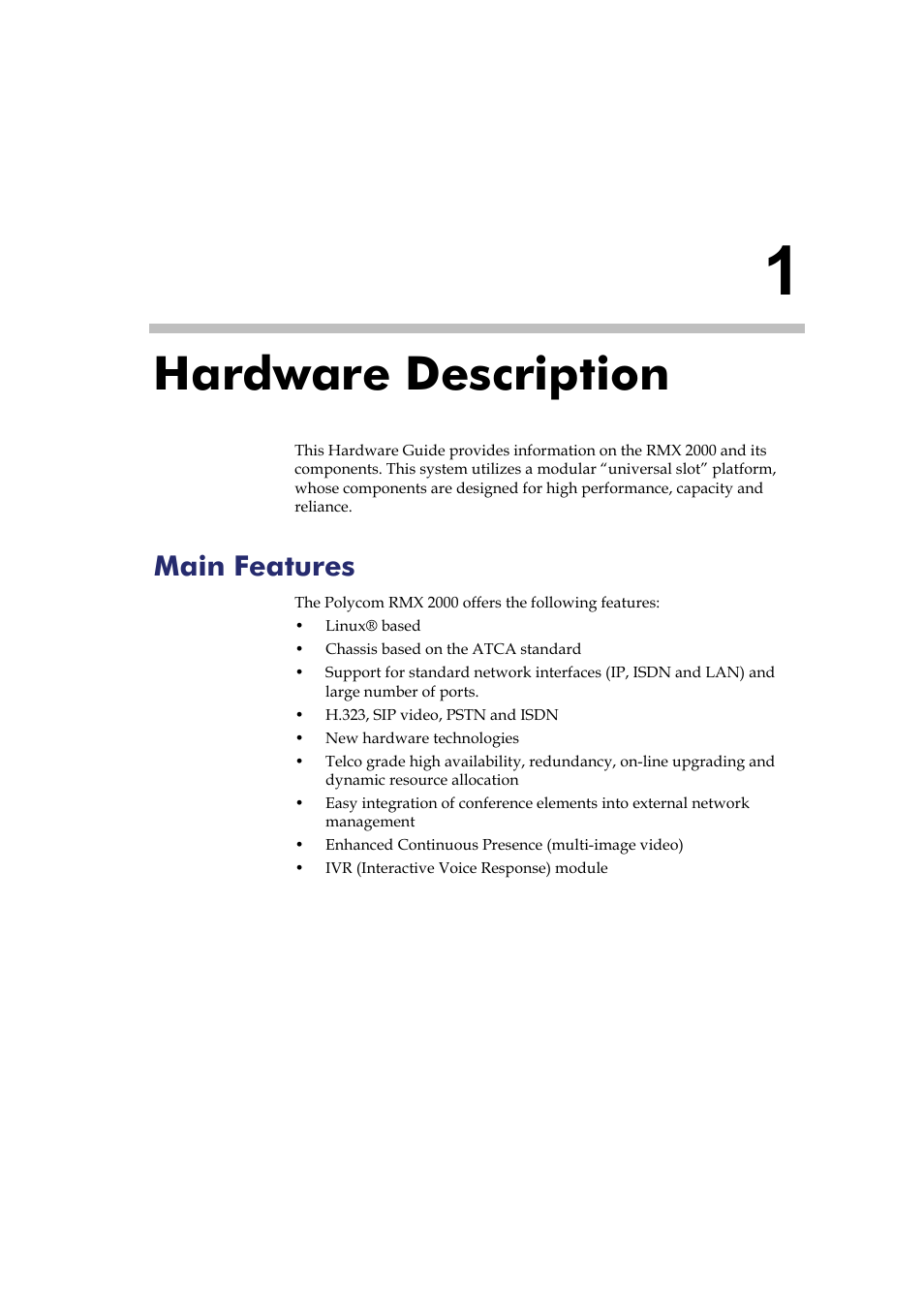 Hardware description, Main features, Hardware description -1 | Main features -1 | Polycom Real-Time Media Conferencing Platform RMX 2000 User Manual | Page 7 / 42