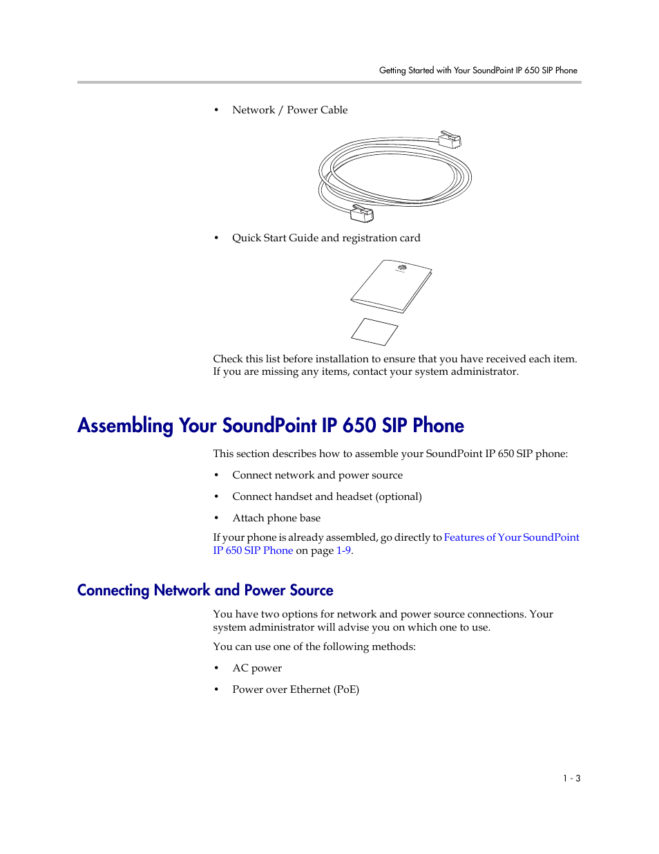 Assembling your soundpoint ip 650 sip phone, Connecting network and power source, Assembling your soundpoint ip 650 sip phone –3 | Connecting network and power source –3 | Polycom IP 650 User Manual | Page 11 / 94