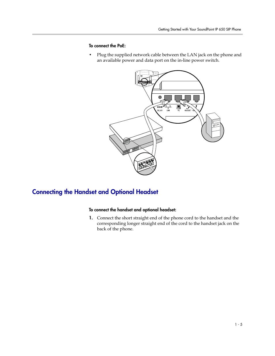 Connecting the handset and optional headset, Connecting the handset and optional headset –5 | Polycom IP 650 User Manual | Page 13 / 94