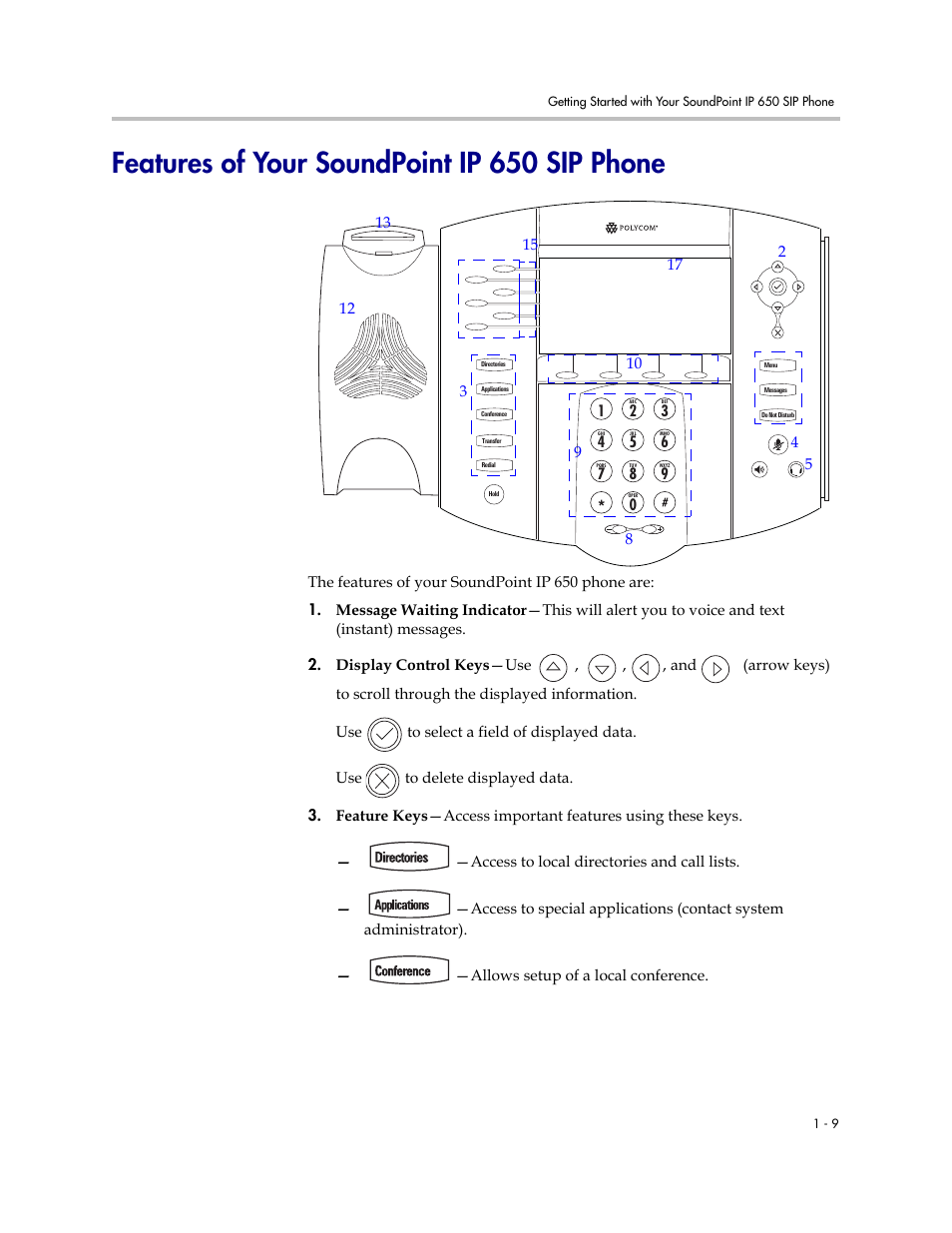 Features of your soundpoint ip 650 sip phone, Features of your soundpoint ip 650 sip phone –9, Features of your soundpoint | Ip 650 sip phone | Polycom IP 650 User Manual | Page 17 / 94