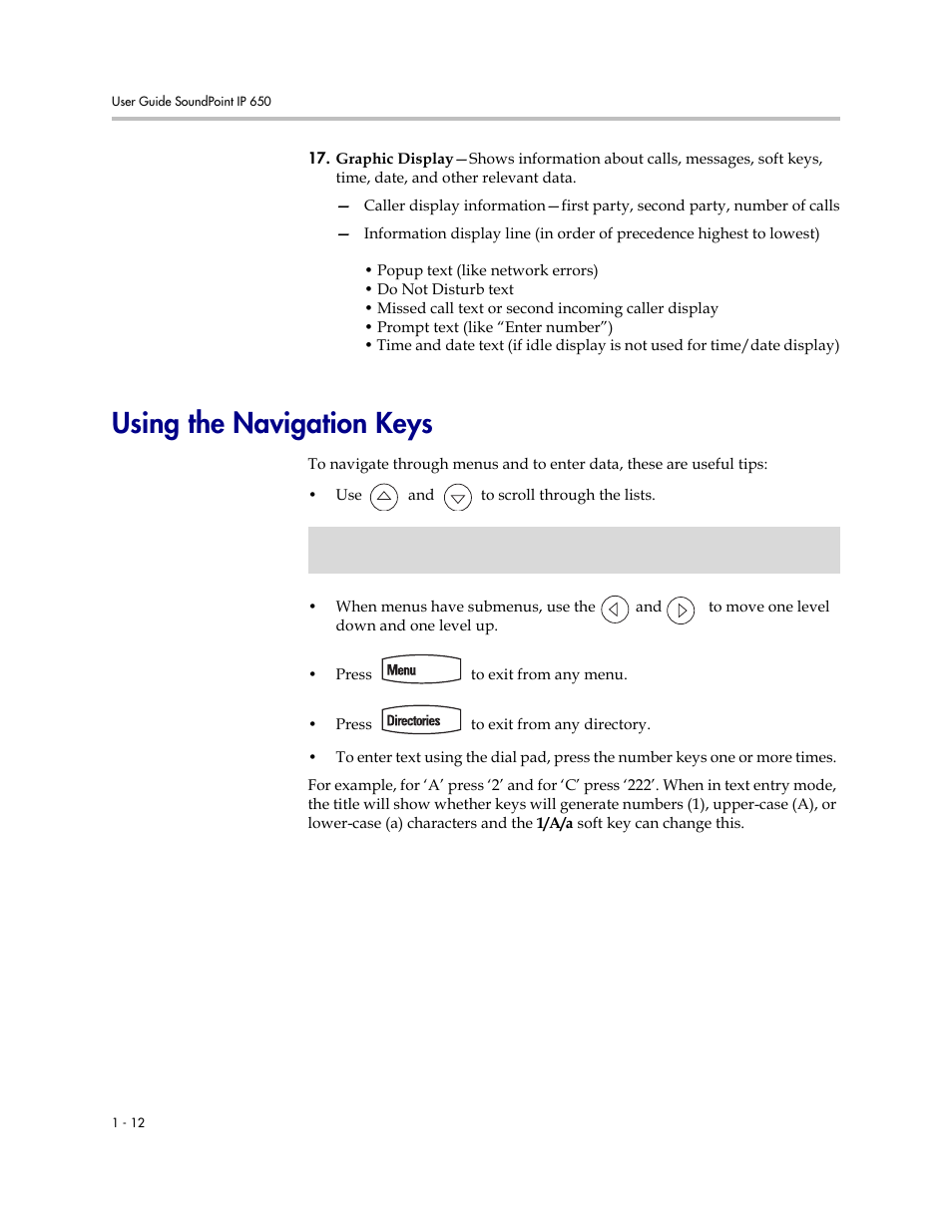 Using the navigation keys, Using the navigation keys –12, Using the navigation keysusing the navigation keys | Polycom IP 650 User Manual | Page 20 / 94