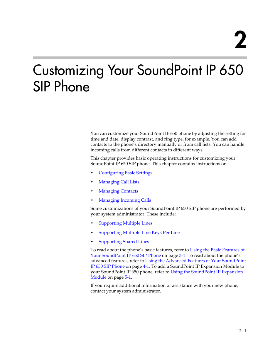 Customizing your soundpoint ip 650 sip phone, 2 customizing your soundpoint ip 650 sip phone –1, Customizing your soundpoint ip 650 sip | Phone | Polycom IP 650 User Manual | Page 21 / 94