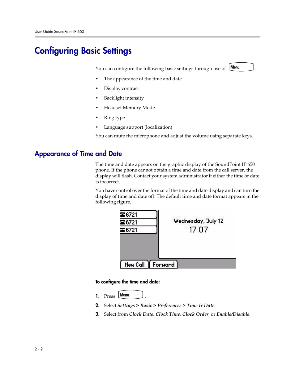 Configuring basic settings, Appearance of time and date, Configuring basic settings –2 | Appearance of time and date –2 | Polycom IP 650 User Manual | Page 22 / 94