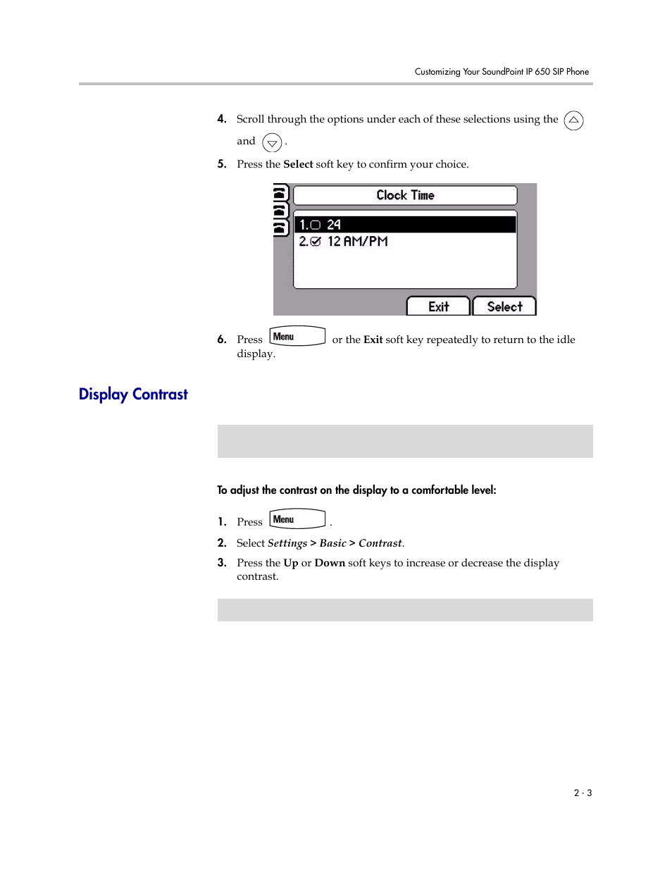 Display contrast, Display contrast –3 | Polycom IP 650 User Manual | Page 23 / 94