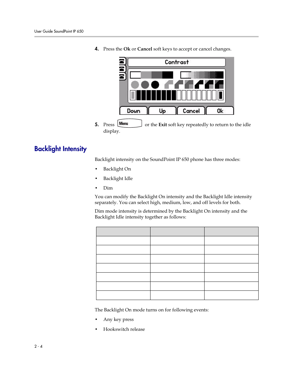 Backlight intensity, Backlight intensity –4 | Polycom IP 650 User Manual | Page 24 / 94