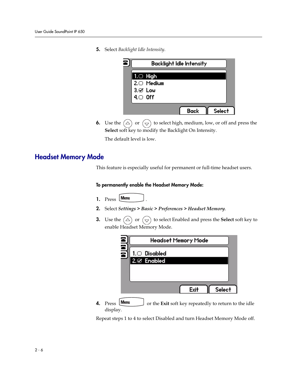 Headset memory mode, Headset memory mode –6 | Polycom IP 650 User Manual | Page 26 / 94