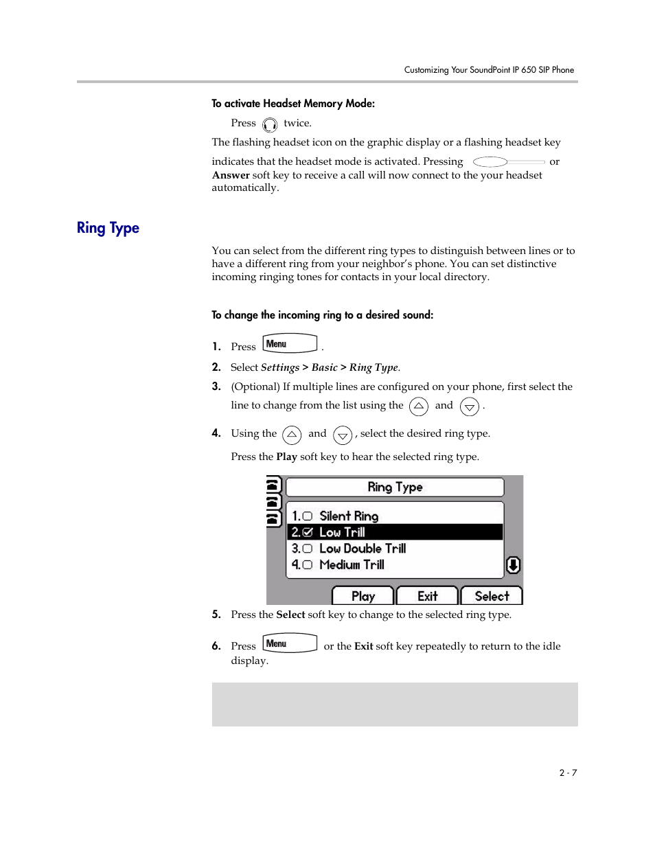 Ring type, Ring type –7 | Polycom IP 650 User Manual | Page 27 / 94