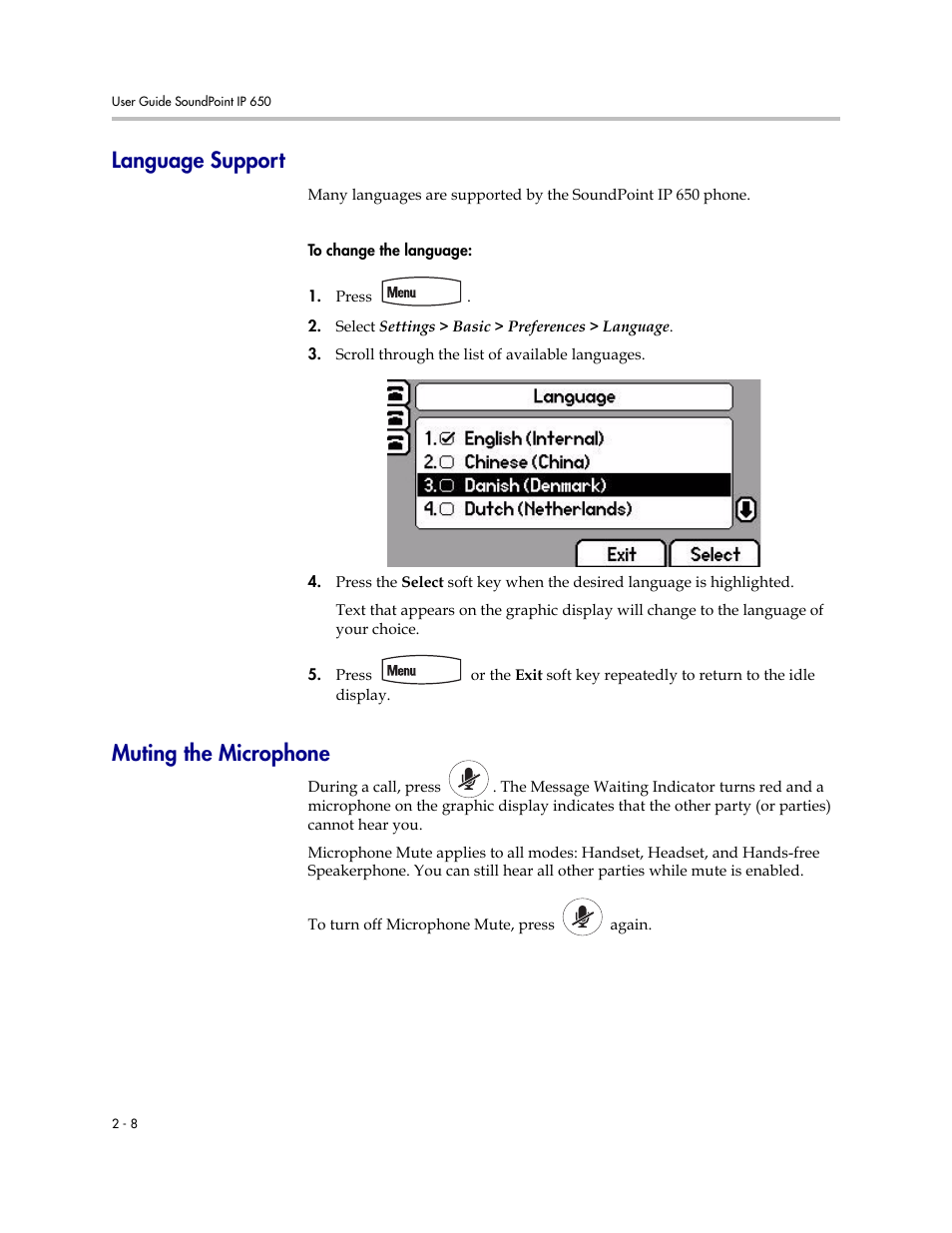 Language support, Muting the microphone, Language support –8 muting the microphone –8 | Polycom IP 650 User Manual | Page 28 / 94