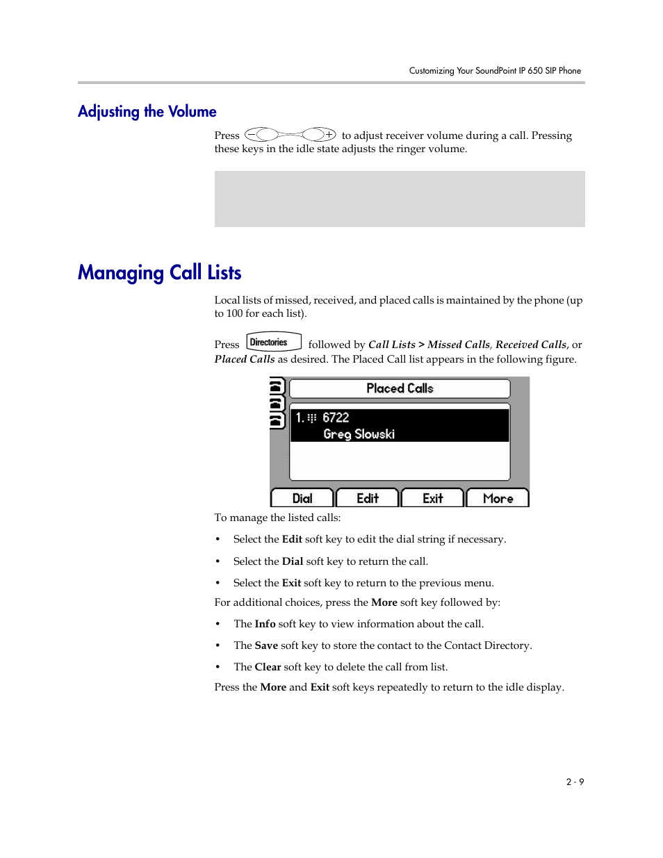 Adjusting the volume, Managing call lists, Adjusting the volume –9 | Managing call lists –9 | Polycom IP 650 User Manual | Page 29 / 94