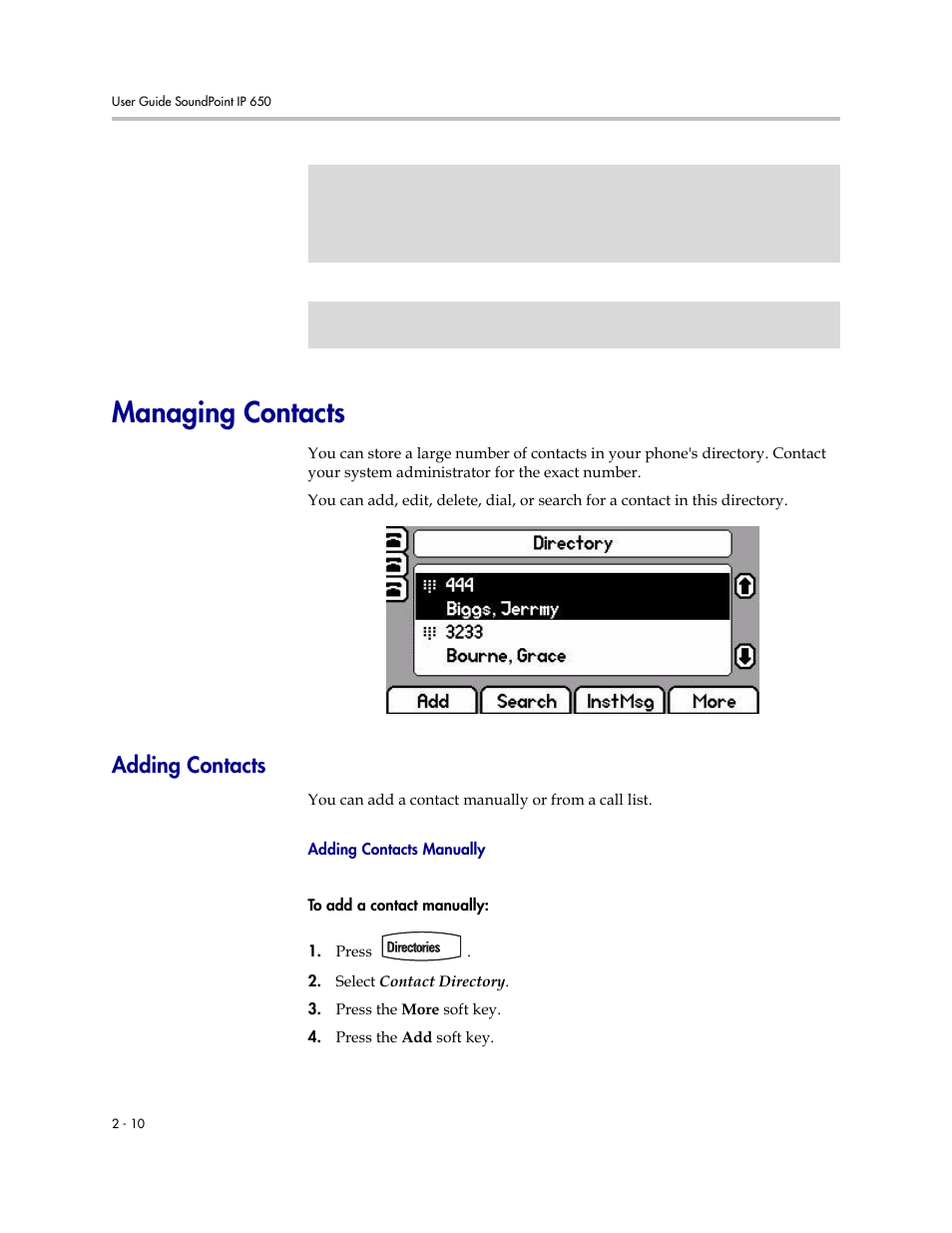 Managing contacts, Adding contacts, Managing contacts –10 | Adding contacts –10 | Polycom IP 650 User Manual | Page 30 / 94