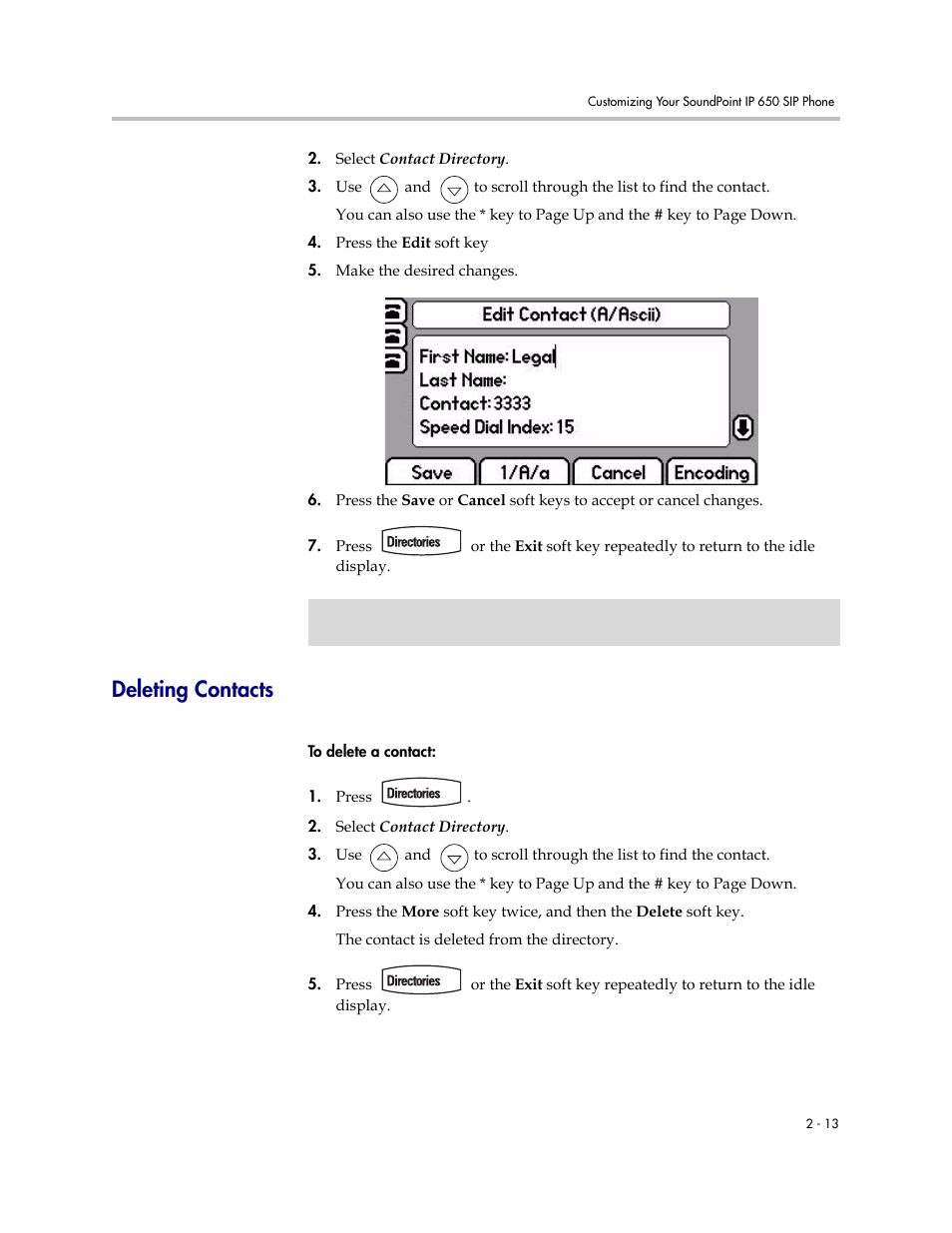 Deleting contacts, Deleting contacts –13 | Polycom IP 650 User Manual | Page 33 / 94