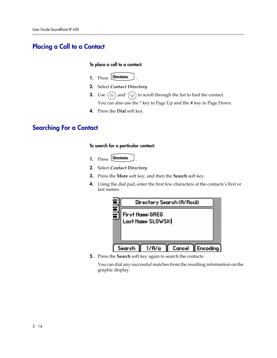 Placing a call to a contact, Searching for a contact | Polycom IP 650 User Manual | Page 34 / 94