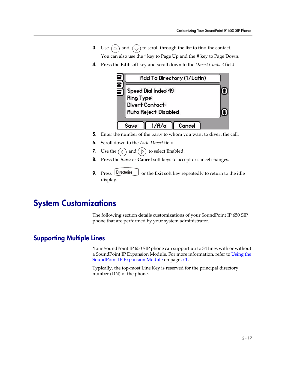 System customizations, Supporting multiple lines, System customizations –17 | Supporting multiple lines –17 | Polycom IP 650 User Manual | Page 37 / 94