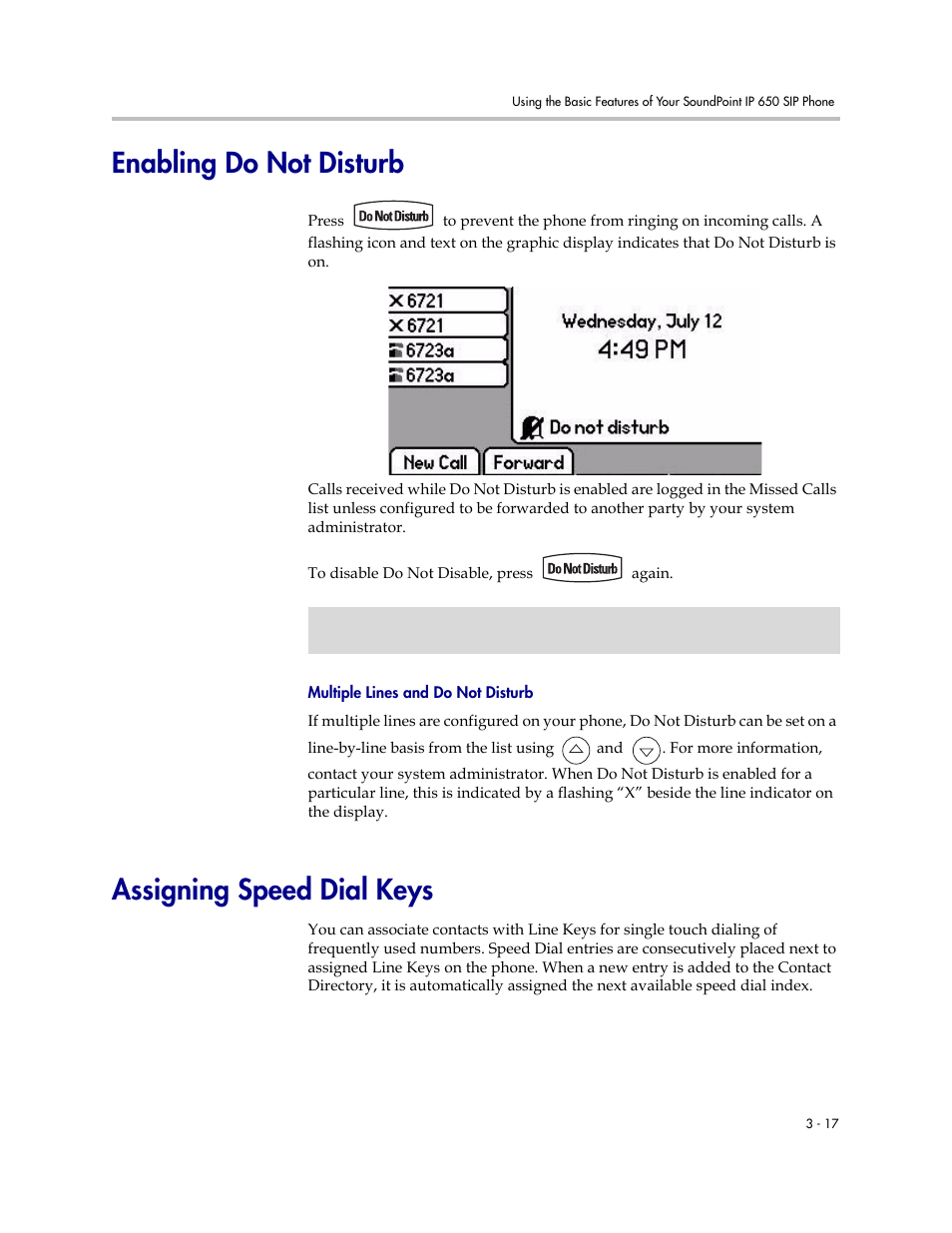 Enabling do not disturb, Assigning speed dial keys | Polycom IP 650 User Manual | Page 57 / 94