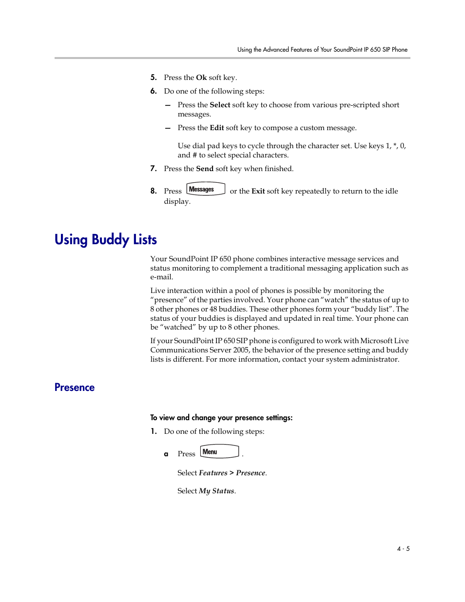 Using buddy lists, Presence, Using buddy lists –5 | Presence –5 | Polycom IP 650 User Manual | Page 65 / 94