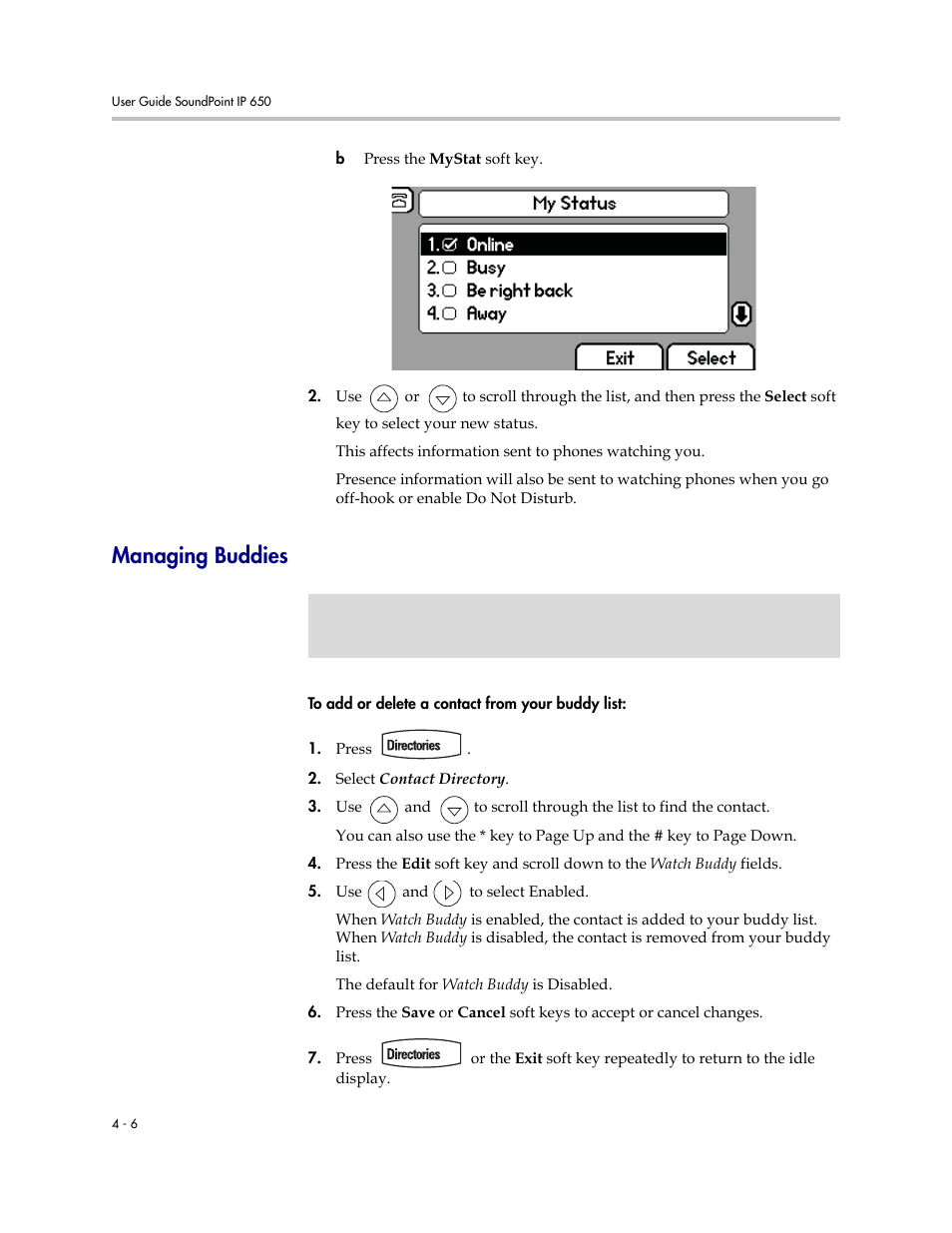 Managing buddies, Managing buddies –6 | Polycom IP 650 User Manual | Page 66 / 94