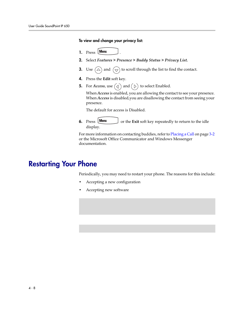 Restarting your phone, Restarting your phone –8 | Polycom IP 650 User Manual | Page 68 / 94