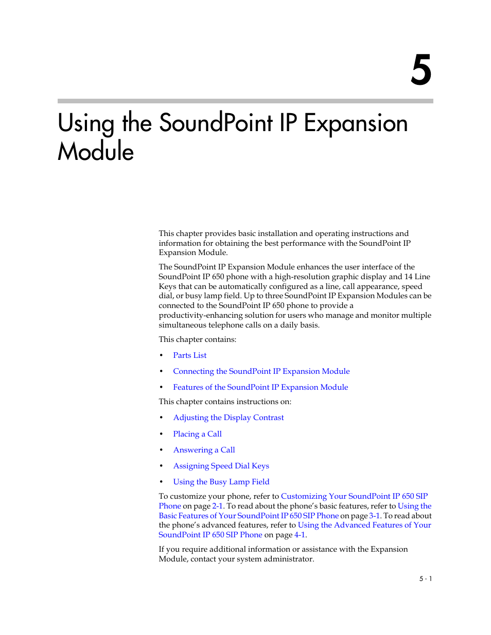 Using the soundpoint ip expansion module, 5 using the soundpoint ip expansion module –1, Using the soundpoint ip | Expansion module, Using the soundpoint ip expansion, Module, Using the, Soundpoint ip expansion module | Polycom IP 650 User Manual | Page 71 / 94