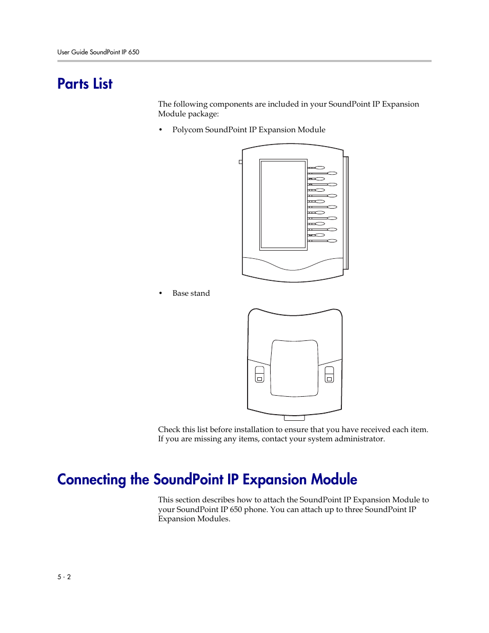 Parts list, Connecting the soundpoint ip expansion module | Polycom IP 650 User Manual | Page 72 / 94