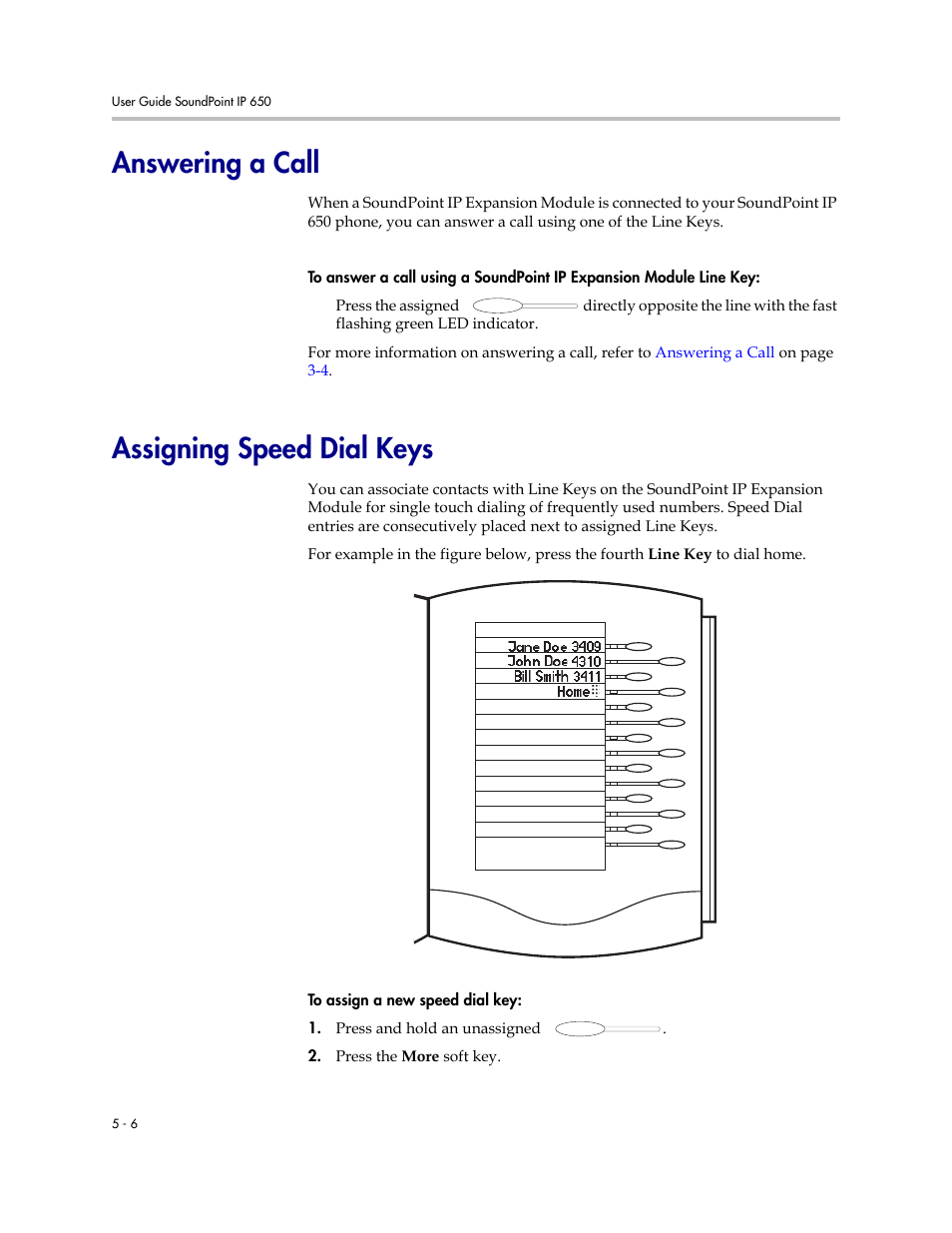 Answering a call, Assigning speed dial keys, Answering a call –6 | Assigning speed dial keys –6 | Polycom IP 650 User Manual | Page 76 / 94