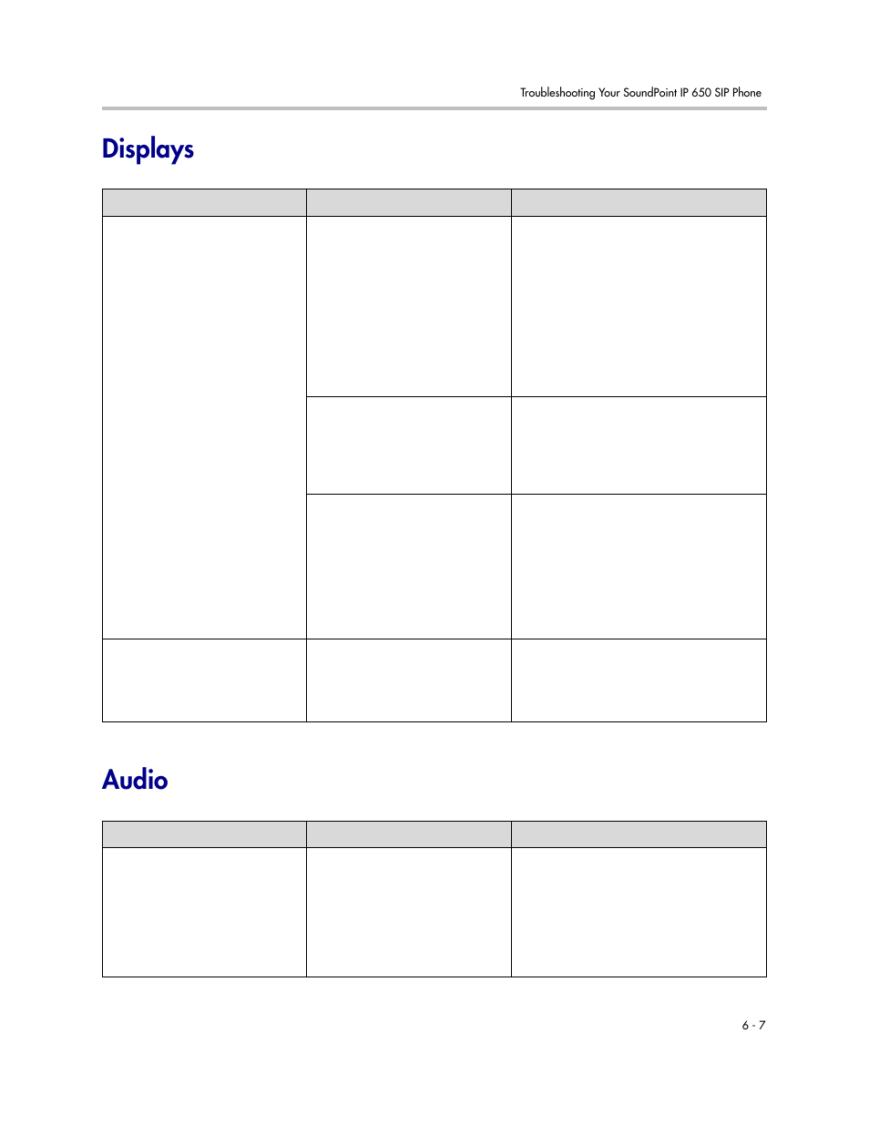 Displays, Audio, Displays –7 audio –7 | Displays audio | Polycom IP 650 User Manual | Page 85 / 94