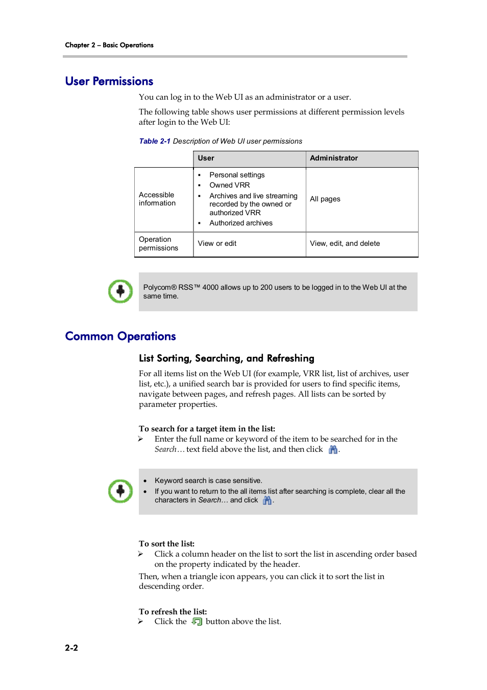 User permissions, Common operations, List sorting, searching, and refreshing | Polycom 3725-32870-002 User Manual | Page 18 / 78