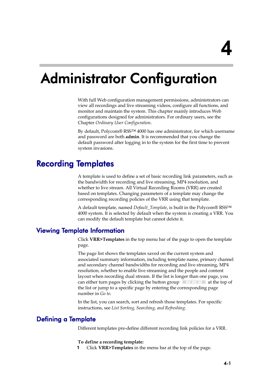 Administrator configuration, Recording templates, Viewing template information | Defining a template, Ee defining a template, E defining a, Template | Polycom 3725-32870-002 User Manual | Page 31 / 78