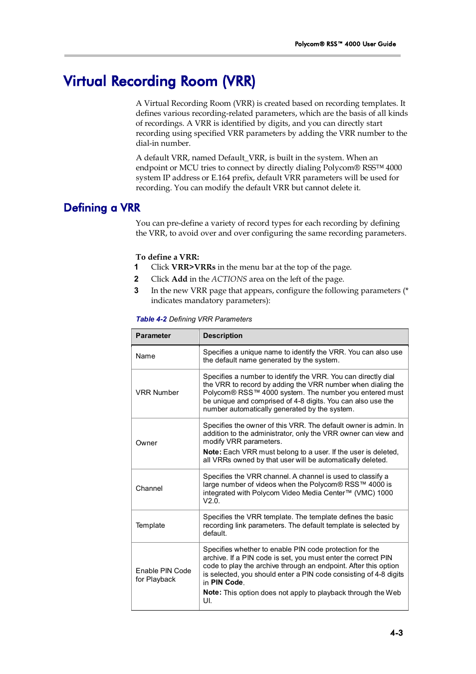 Virtual recording room (vrr), Defining a vrr | Polycom 3725-32870-002 User Manual | Page 33 / 78