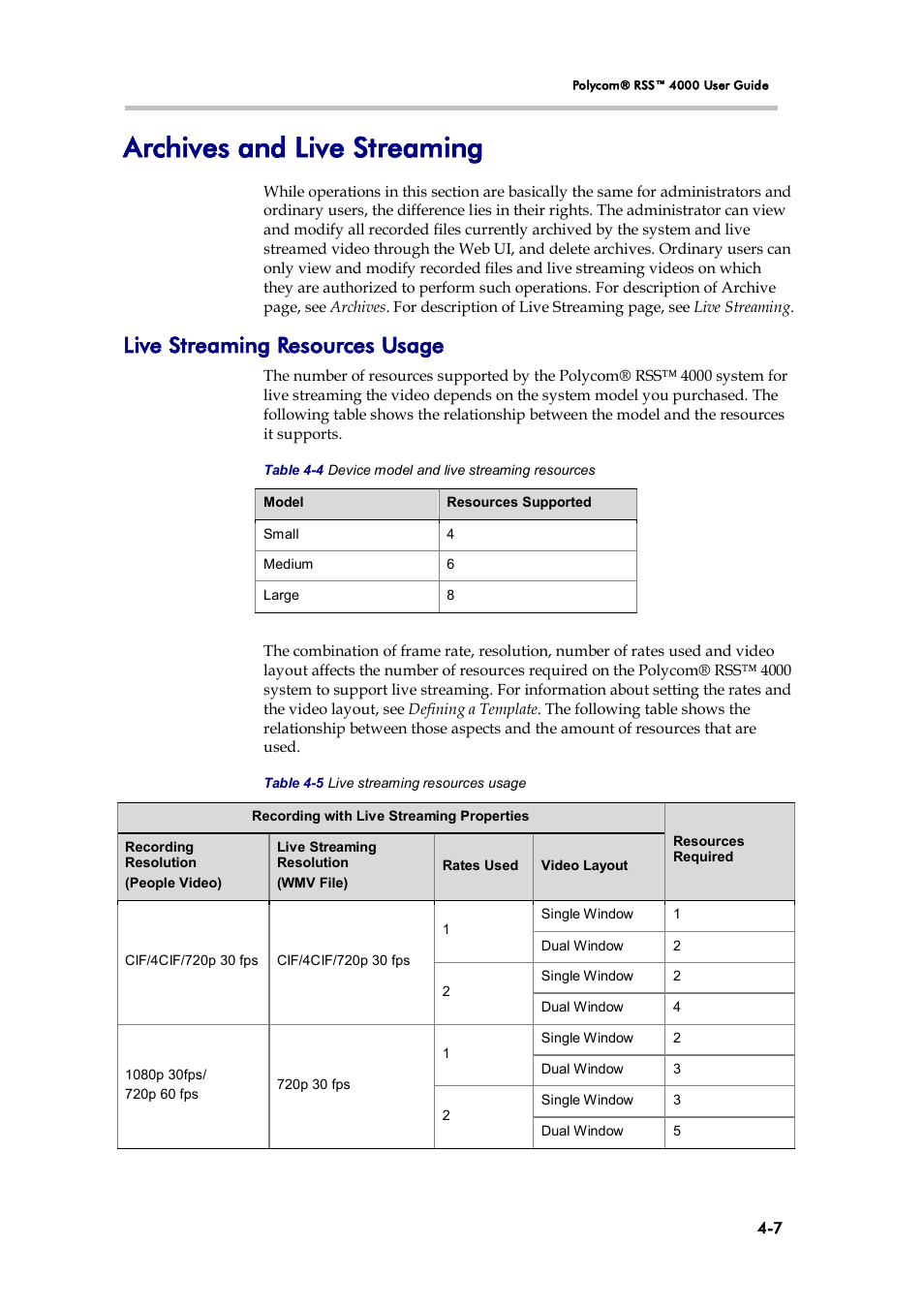 Archives and live streaming, Live streaming resources usage | Polycom 3725-32870-002 User Manual | Page 37 / 78