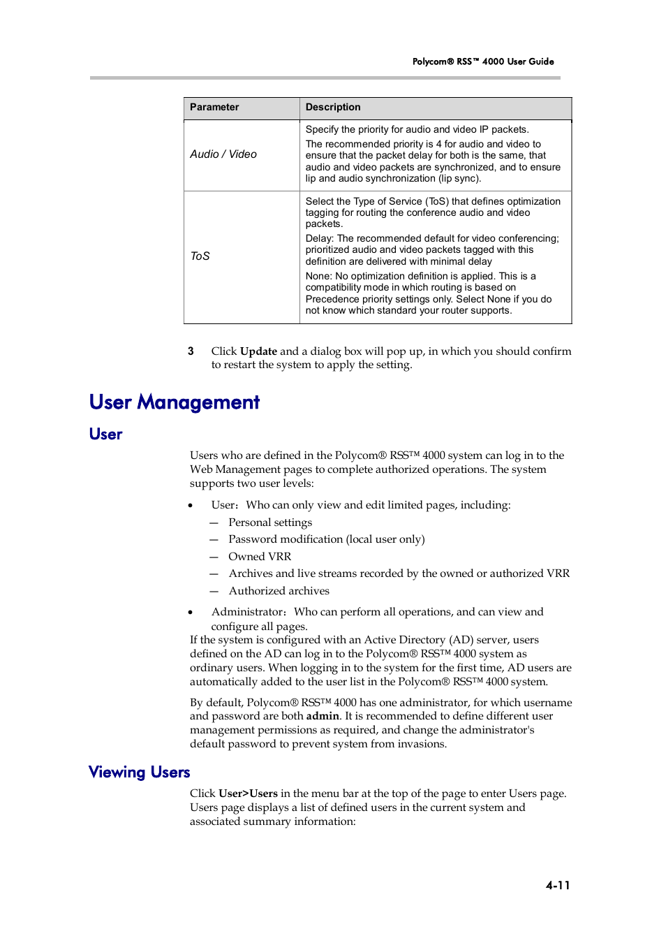 User management, User, Viewing users | Polycom 3725-32870-002 User Manual | Page 41 / 78