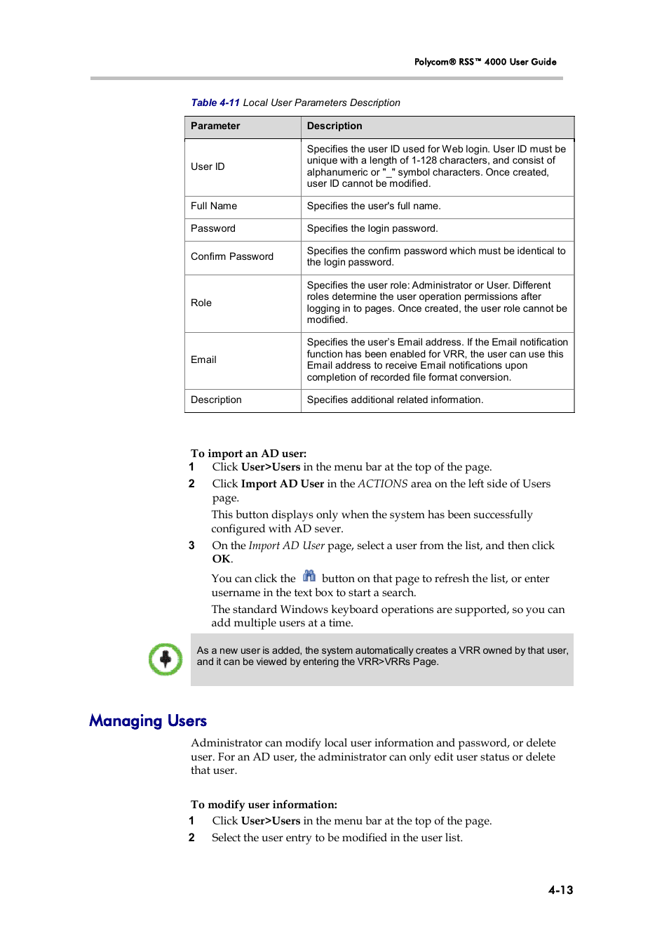 Managing users | Polycom 3725-32870-002 User Manual | Page 43 / 78