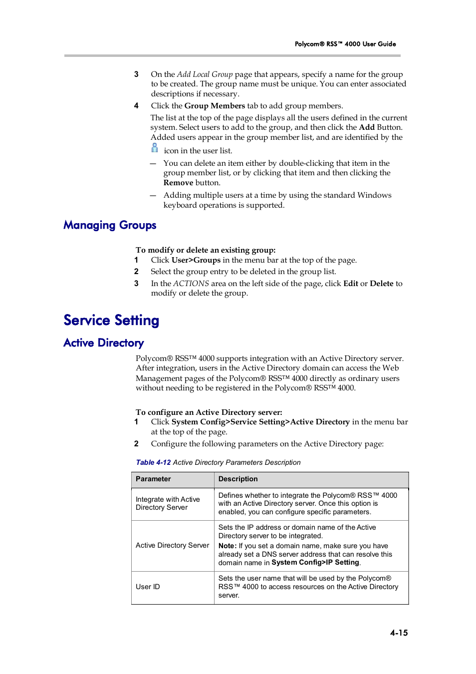 Managing groups, Service setting, Active directory | Polycom 3725-32870-002 User Manual | Page 45 / 78