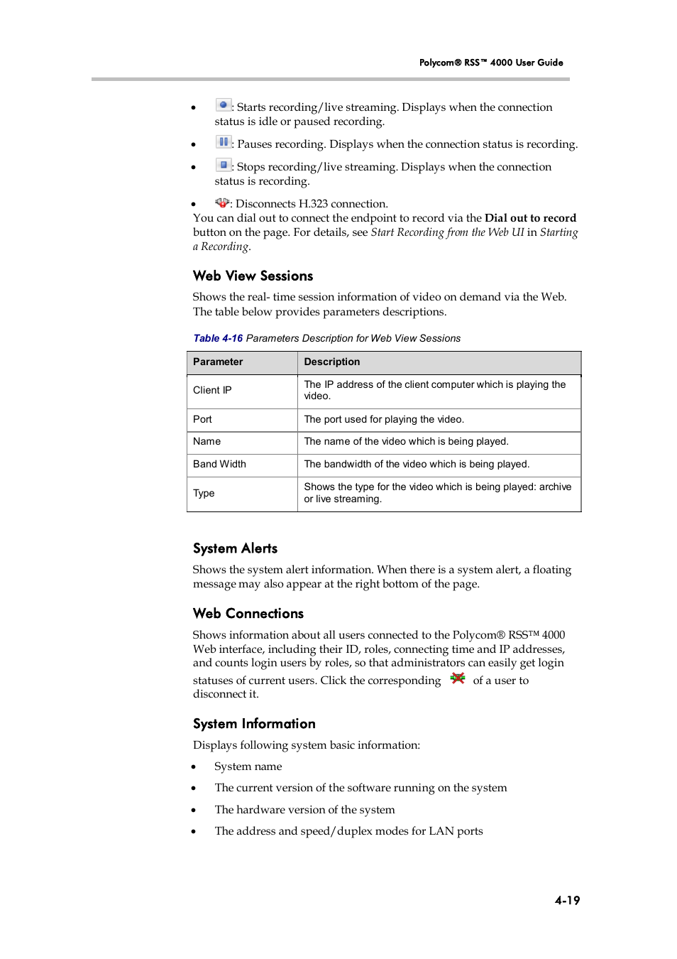 Web view sessions, System alerts, Web connections | System information | Polycom 3725-32870-002 User Manual | Page 49 / 78