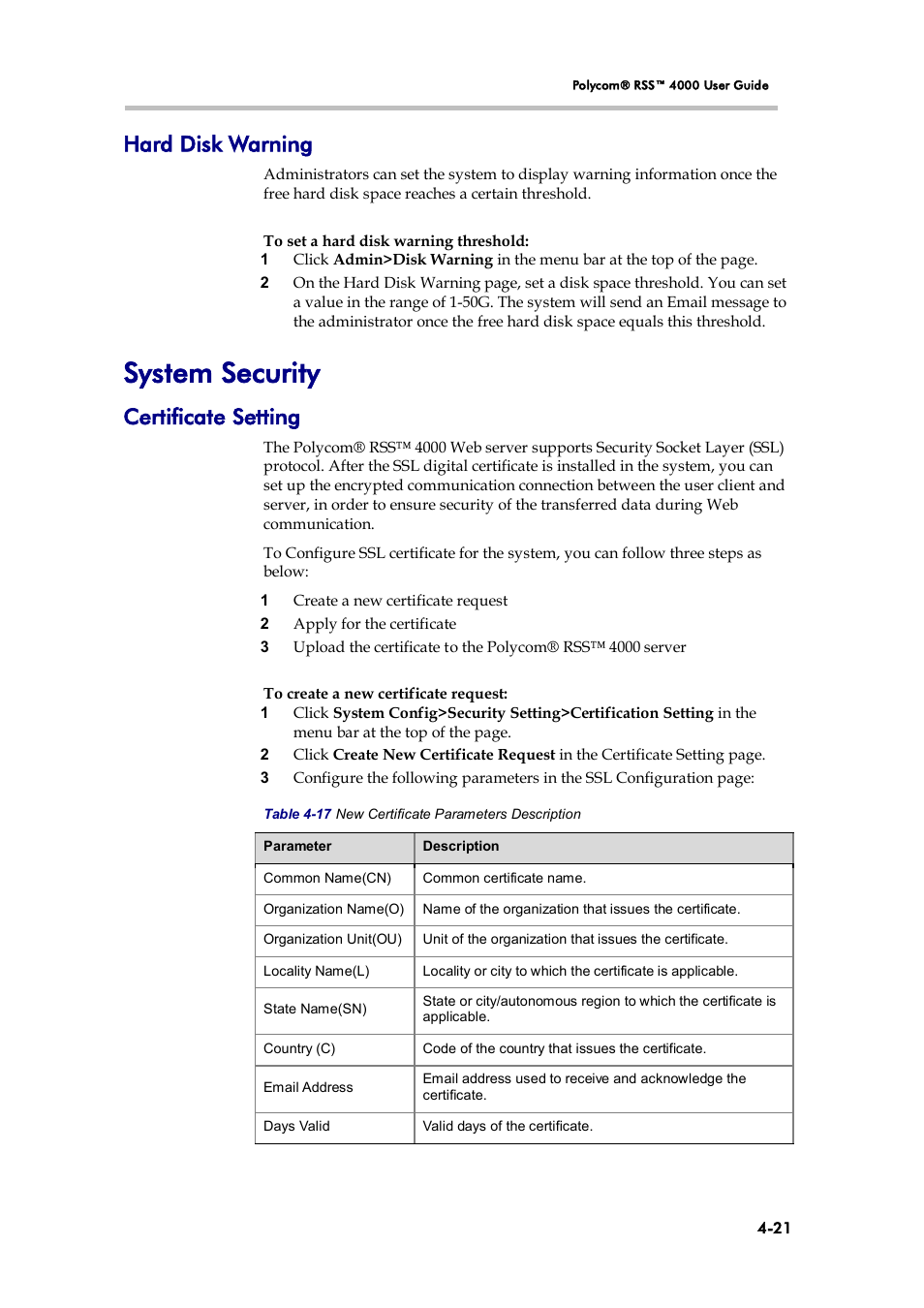 Hard disk warning, System security, Certificate setting | Polycom 3725-32870-002 User Manual | Page 51 / 78