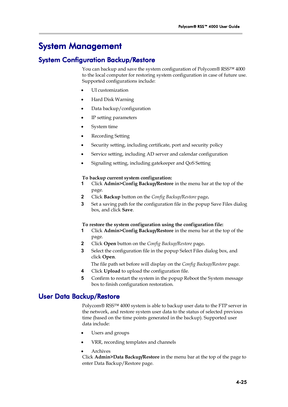 System management, System configuration backup/restore, User data backup/restore | Polycom 3725-32870-002 User Manual | Page 55 / 78