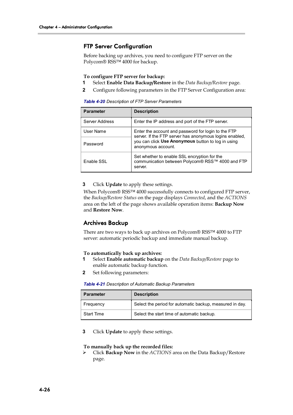 Ftp server configuration, Archives backup | Polycom 3725-32870-002 User Manual | Page 56 / 78