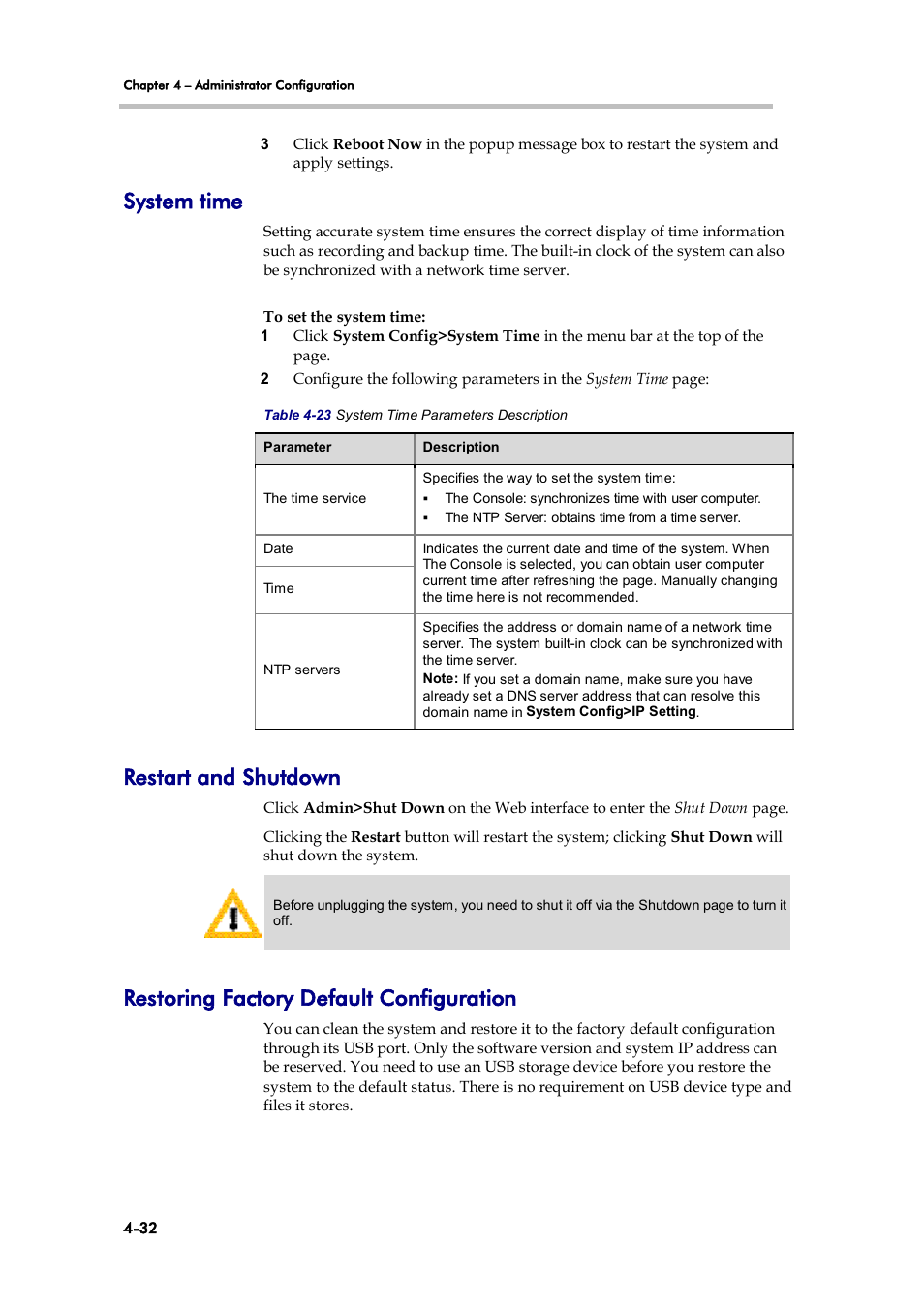 System time, Restart and shutdown, Restoring factory default configuration | Polycom 3725-32870-002 User Manual | Page 62 / 78