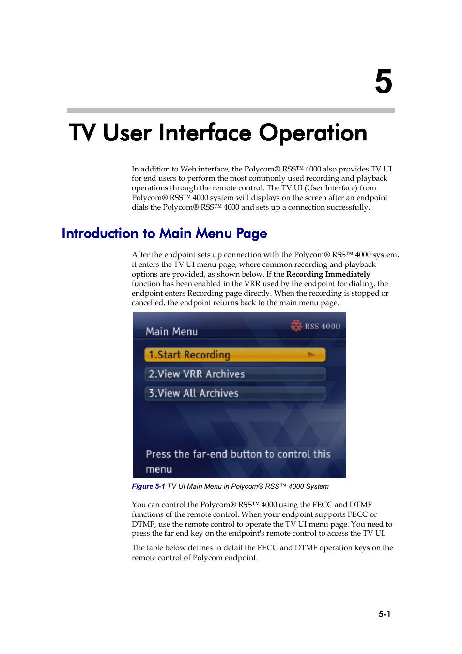 Tv user interface operation, Introduction to main menu page | Polycom 3725-32870-002 User Manual | Page 65 / 78