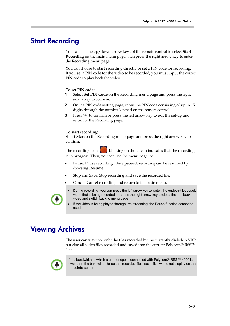 Start recording, Viewing archives, Ee start recording | Ee viewing archives | Polycom 3725-32870-002 User Manual | Page 67 / 78