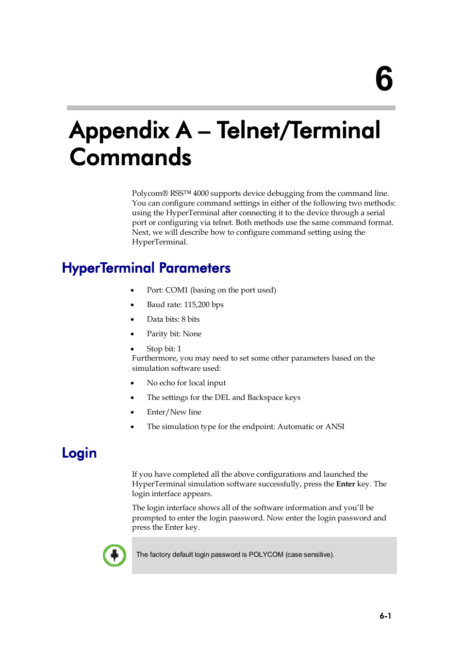 Appendix a – telnet/terminal commands, Hyperterminal parameters, Login | Polycom 3725-32870-002 User Manual | Page 69 / 78