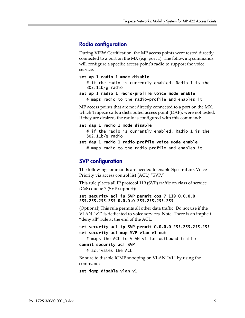 Radio configuration, Svp configuration | Polycom TRAPEZE NETWORKS 1725-36060-001 User Manual | Page 9 / 16