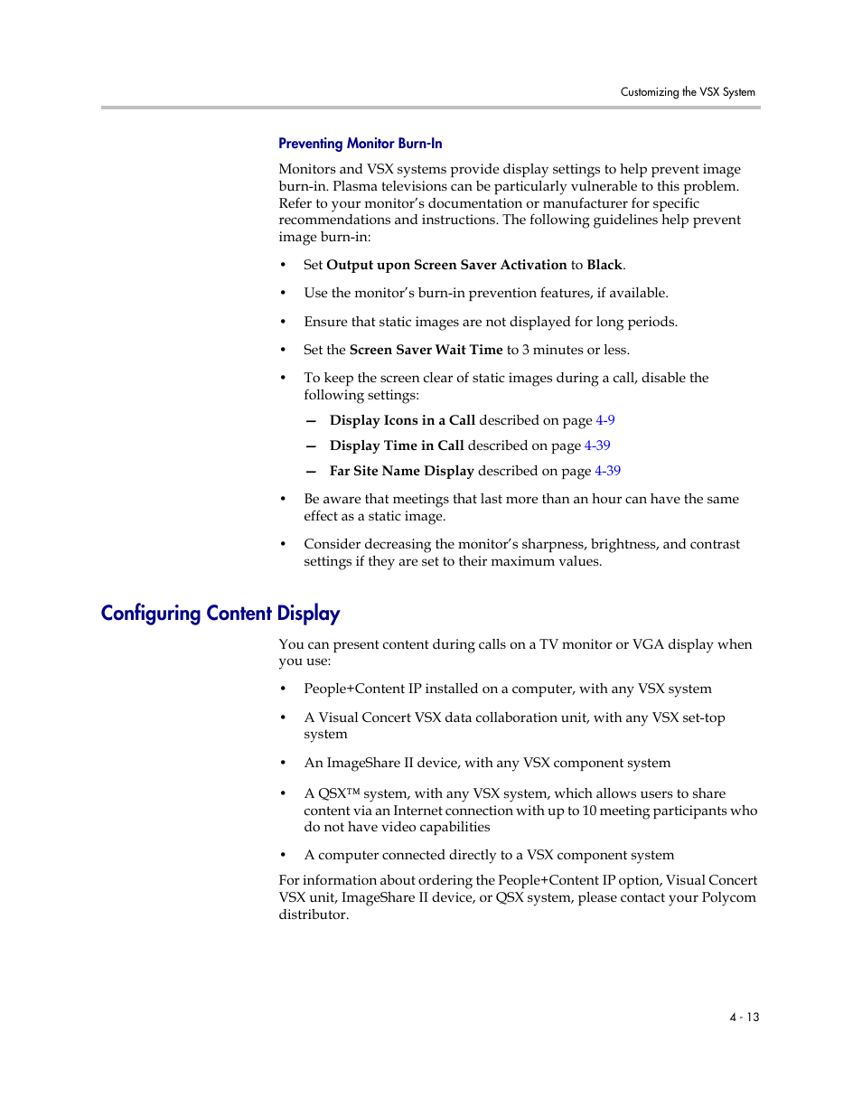 Preventing monitor burn-in, Configuring content display, Preventing monitor burn-in -13 | Configuring content display -13 | Polycom VSX Series User Manual | Page 103 / 248