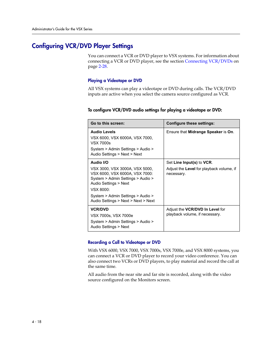 Configuring vcr/dvd player settings, Playing a videotape or dvd, Recording a call to videotape or dvd | Configuring vcr/dvd player settings -18 | Polycom VSX Series User Manual | Page 108 / 248