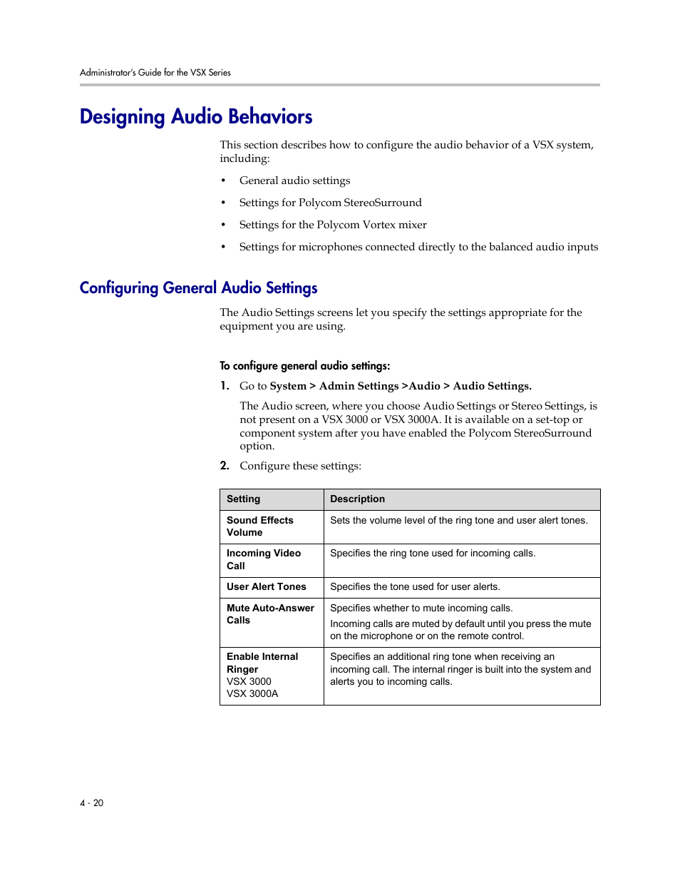 Designing audio behaviors, Configuring general audio settings, Designing audio behaviors -20 | Configuring general audio settings -20 | Polycom VSX Series User Manual | Page 110 / 248