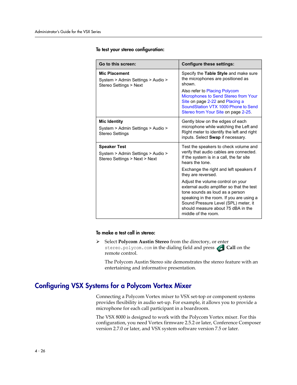 Configuring vsx systems for a polycom vortex mixer | Polycom VSX Series User Manual | Page 116 / 248