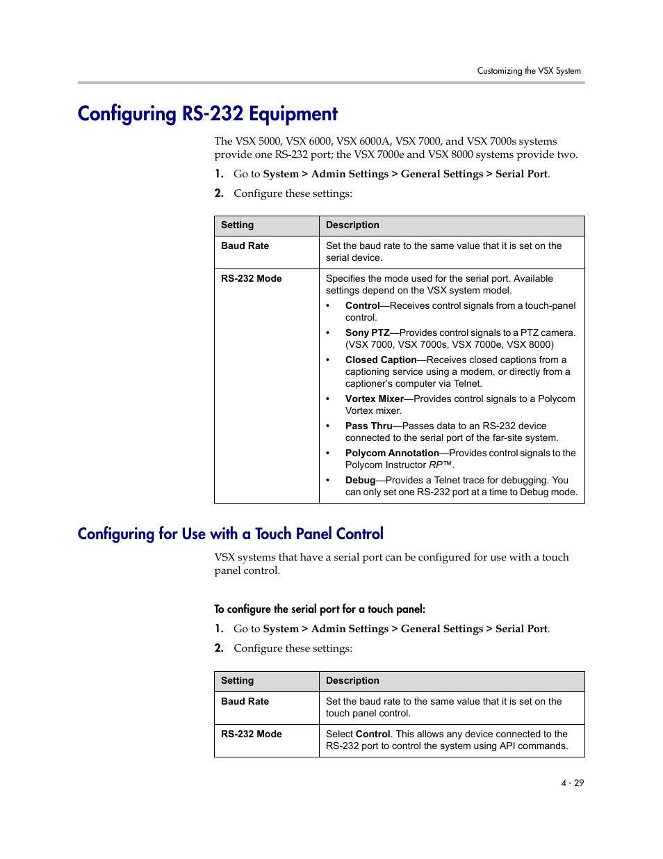Configuring rs-232 equipment, Configuring for use with a touch panel control, Configuring rs-232 equipment -29 | Configuring for use with a touch panel control -29 | Polycom VSX Series User Manual | Page 119 / 248