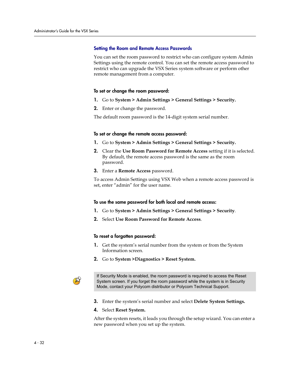 Setting the room and remote access passwords, Setting the room and remote access passwords -32 | Polycom VSX Series User Manual | Page 122 / 248