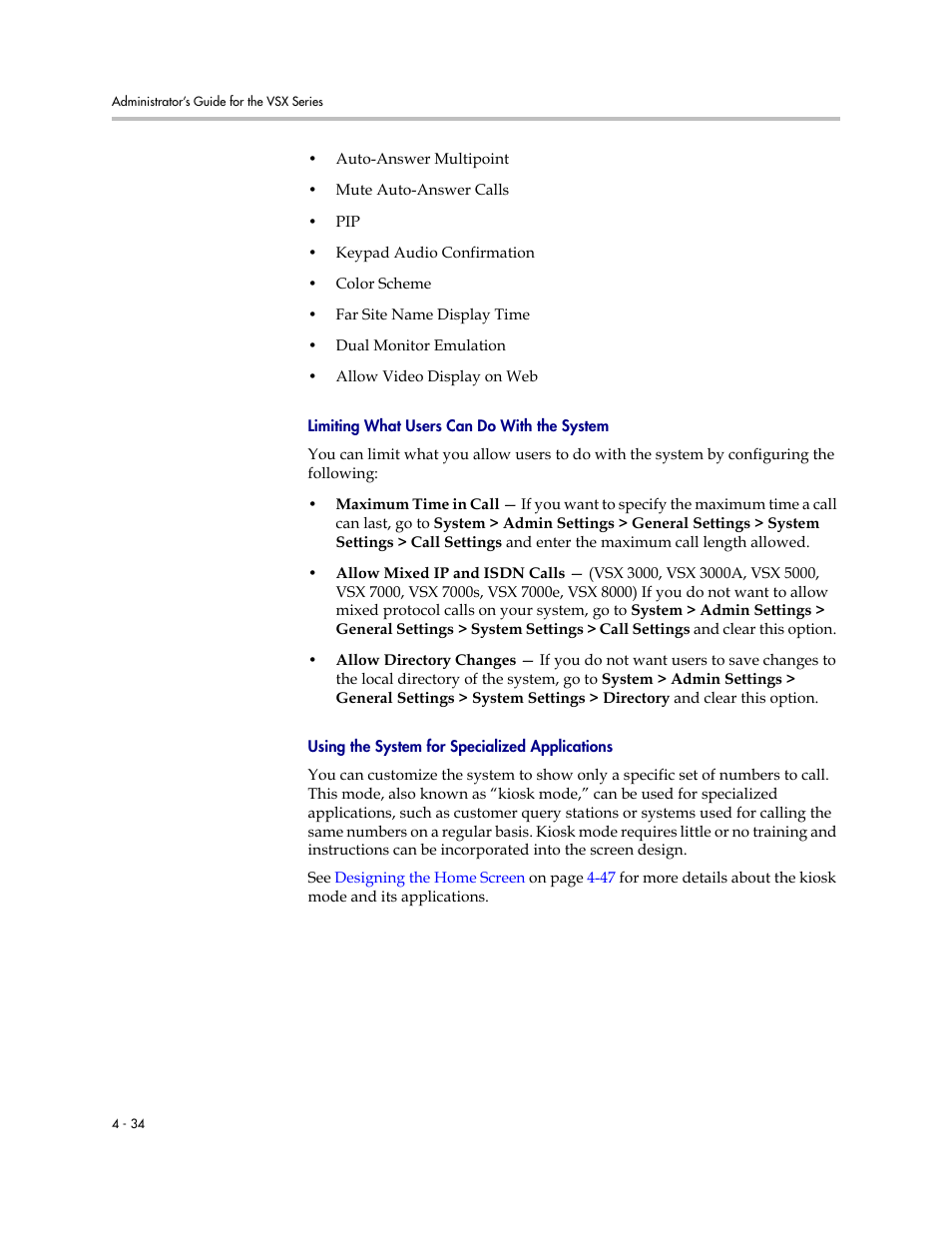 Limiting what users can do with the system, Using the system for specialized applications | Polycom VSX Series User Manual | Page 124 / 248