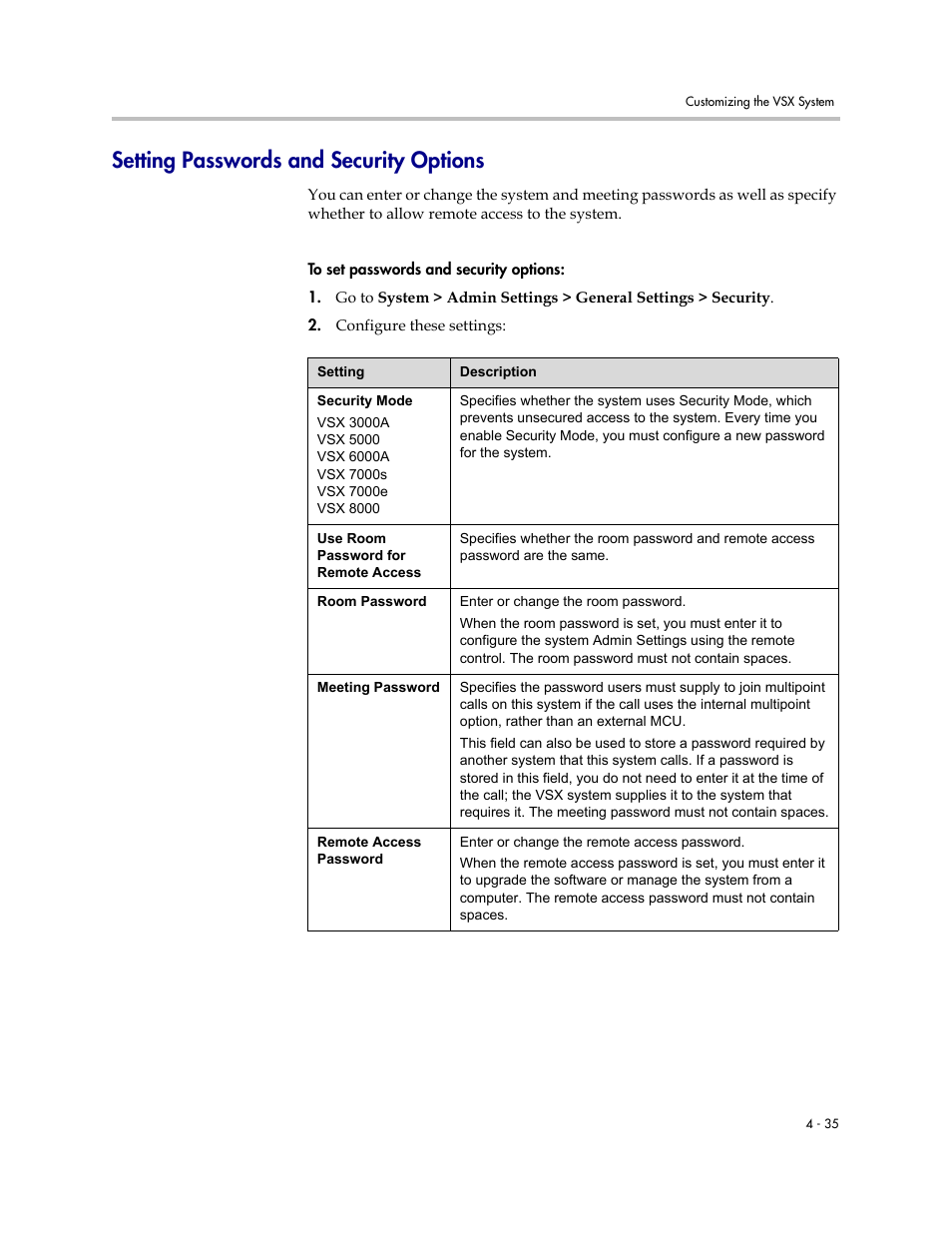 Setting passwords and security options, Setting passwords and security options -35 | Polycom VSX Series User Manual | Page 125 / 248