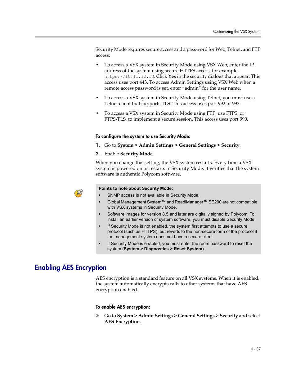 Enabling aes encryption, Enabling aes encryption -37 | Polycom VSX Series User Manual | Page 127 / 248